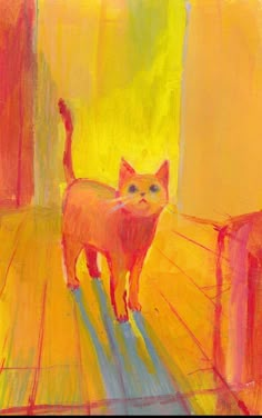 a drawing of a cat standing on a wooden floor in front of a doorway with yellow walls