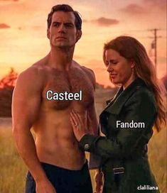 a man and woman standing next to each other with the caption castiel fandom