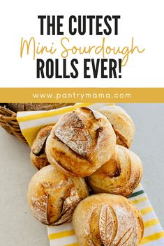 mini sourdough rolls piled on top of each other with text overlay reading the cutest mini sourdough rolls ever