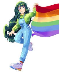 a woman holding a rainbow flag in her hand