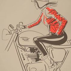 a drawing of a woman riding on the back of a motorbike with skis