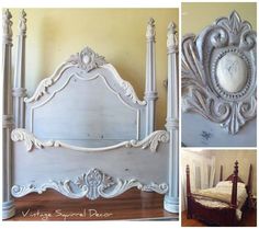 an antique white bed frame with ornate carvings on the headboard and foot board is shown in three different views