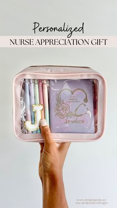 a person holding up a pink case with personalized nurse appreciation gifts in it and the text, personalized nurse appreciation gift