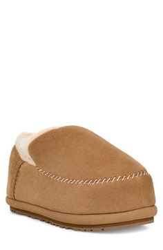 Cozy everyday style is the name of the game with this classic UGG slipper lined with UGGplush, a moisture-wicking textile made from a wool-rich blend but crafted to feel and wear like genuine shearling. Multilayered, PORON®-cushioned footbed Leather upper/UGGplush wool blend and Tencel® lyocell lining/rubber sole Tencel lyocell is a more-sustainably produced fiber made with closed-loop processing Imported Comfortable Shearling Slippers With Leather Sole, Casual Brown Shearling Slippers, Mens Ugg Fur Slippers, Classic Shearling Slip-on Slippers, Shearling Slip-on Slippers With Plush Lining, Ugg Slippers, Mens Uggs, Wool Slippers, Ugg Classic