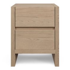 a wooden nightstand with two drawers on one side and an open drawer on the other