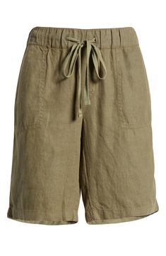 A roomy fit complements these longer-length shorts made from lightweight linen. 9" inseam; 22 1/2" leg opening; 10 1/2" front rise; 15" back rise (size Medium) Elastic/drawstring waist 100% linen Machine wash, line dry Imported Green Beetle, Linen Shorts, Long Length, Drawstring Waist, Nordstrom Rack, Nordstrom, Size Medium, Elastic