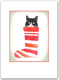 a watercolor painting of a cat peeking out of a christmas stocking with red and white stripes