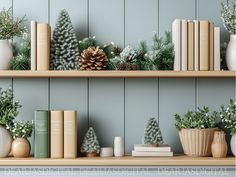 shelves with books, plants and pine cones on them in front of a blue wall