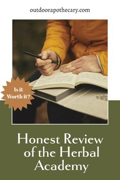 a person writing in a book with the title honest review of the herb academy