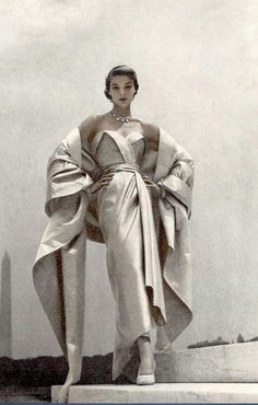 1951 - Jean Patchett in Christian Dior, Vogue See our entire collection of Stoles at http://www.whitestole.com Dior Parfum, Satin Evening Gown, Vintage Fashion Photography, Christian Dior Couture, 1950s Style