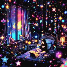 a woman sitting on top of a bed in front of a window filled with stars