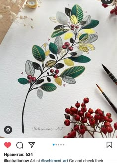 an image of flowers and leaves painted on paper with watercolor pencils next to it