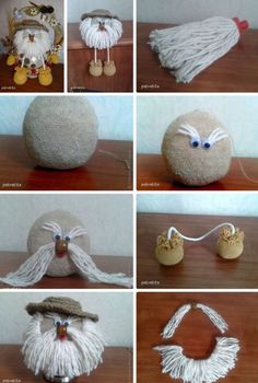 several pictures of different things made out of yarn and wools on a wooden table