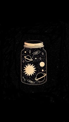 a jar with an image of the solar system in it on a black background,