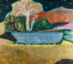 an abstract painting of a bowl with trees in the background and stars above it on a night sky