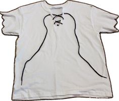 a white t - shirt with black thread on it