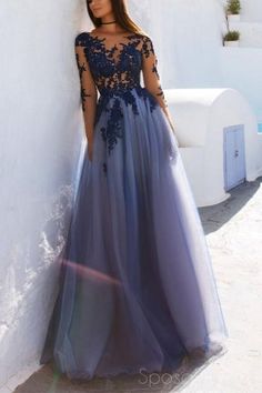 Sexy See Through Blue Lace Long Sleeve Open Back Custom Long Evening Prom Dresses, 17482 Gaun Tulle, Kain Tile, Cheap Prom Dresses Long, Floor Length Prom Dresses, Prom Dresses 2019, Long Sleeve Prom, Lace Prom Dress, Bateau Neck