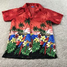 On Shore Aloha Hawaiian Shirt Large Red Button Up Lightweight Palm Trees. Red Hawaiian Button-up Shirt For Vacation, Red Short Sleeve Vacation Shirt, Red Short Sleeve Shirt For Vacation, Red Casual Collared Hawaiian Shirt, Casual Red Collared Hawaiian Shirt, Red Hawaiian Vacation Shirt, Red Hawaiian Shirt For Vacation, Red Collared Hawaiian Shirt For Beach, Red Button-up Hawaiian Shirt For Vacation