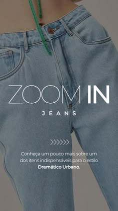 the back of a woman's jeans with text that reads, zoomin jeans