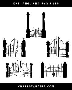 the silhouettes of various gates and gates for different types of fences in black and white