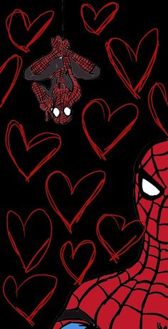 a spiderman hanging from a string with hearts in the background