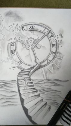 a pencil drawing of a spiral staircase with a clock on it