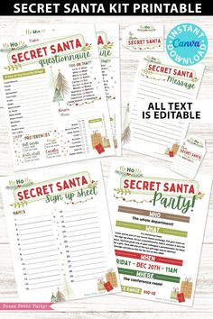 the secret santa printable is shown in three different colors