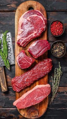 raw meat on wooden cutting board with spices and herbs