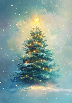 a painting of a christmas tree in the snow with stars on it's top