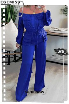 Blue Casual Solid Patchwork Pocket Fold Off The Shoulder Straight Jumpsuits Blue Long Sleeve Solid Color Sets, Blue Long Sleeve Sets, Spring Blue Sets With Solid Color, Blue Solid Color Sets For Spring, Chic Blue Jumpsuits And Rompers With Pockets, Blue Long Sleeve Jumpsuit For Work, Jumpsuits And Romper, Jumpsuit Fashion, Off The Shoulder