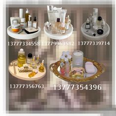 several different types of beauty products displayed on trays with numbers in the bottom right corner