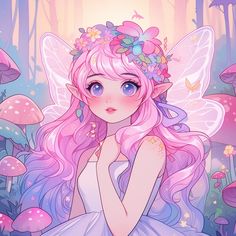 a fairy with pink hair and blue eyes is sitting in the woods surrounded by mushrooms