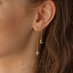 Mismatched Stud earrings with dangling Moon and Star, Handmade with Love in my studio.  These mismatched earrings feature delicate gold chains, with one earring showcasing a crescent moon and the other a star. Perfect for adding a unique touch to any outfit. M A T E R I A L S * High Quality Solid 925 Sterling Silver * Finish: 18K Gold or Rhodium plating * Features sparkling Cubic Zirconia stones * Total length of the earrings is about 1.5 / 2 inches (3 / 5 cm) * Bar Length: 10mm / butterfly clos Star Handmade, Gold Chain Earrings, Small Stud Earrings, Minimalist Studs, Mismatched Earrings, Celestial Jewelry, Jewelry Birthday, Small Earrings Studs, Birthday Jewelry Gift