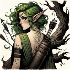 a drawing of a woman with green hair and horns holding an arrow in her hand