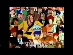 an anime scene with many people and one man in the middle is holding his hand up to