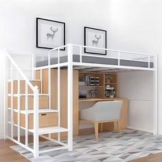 a loft bed with stairs and desk underneath it