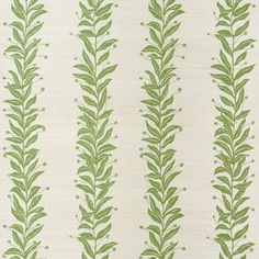 a green and white striped wallpaper with small leaves on the bottom half of it