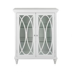 White Teamson Home Florence Floor Cabinet with lattice designed glass panel doors Cabinet With Glass Doors, Glass Shelves Kitchen, Wall Mounted Bathroom Cabinets, Linen Cabinets, Floor Cabinet, Salon Suites, Bathroom Wall Cabinets, Tempered Glass Shelves, Linen Cabinet