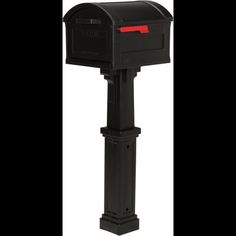 a black mailbox with red light on the top and bottom part of it's post