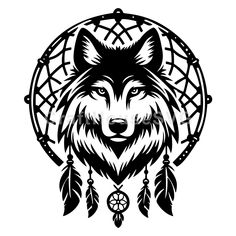 wolf head with dream catcher on white background