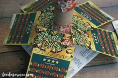 several tickets are stacked on top of each other with the word jingle bills printed on them