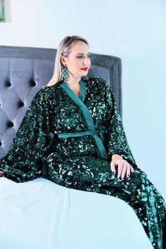 green kimono dress Kimono Dresses, Long Silk Kimono, Sequin Wrap Dress, Copper Dress, Elegant Kimono, Sequin Kimono, Green Kimono, Dresses Silk, Velvet Wrap Dress