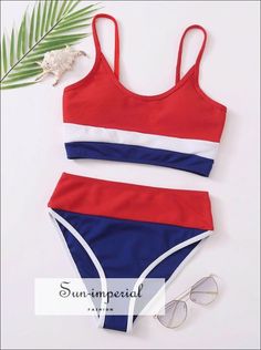 Vintage Ribbed Tank Top Striped Wire Free Bikini Set High Waist Swimsuit top Sun-Imperial United States Royal Blue Stretch Swimwear For Summer, Fitted Blue Color Block Tankini, Royal Blue Swimwear For Summer Swimming, Royal Blue Sleeveless Swimwear, Thigh High Boots Heels, Two Piece Swimwear, Beach Maxi Dress, Swimsuits High Waisted, Ribbed Tank Tops