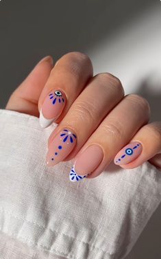 Mal Ojo Nails, Greek Inspired Nail Art, Copenhagen Nails, Greek Nails Designs, Mama Mia Nails, Greece Nail Ideas, Greece Pattern, Greek Nails, Trendy Classy Nails