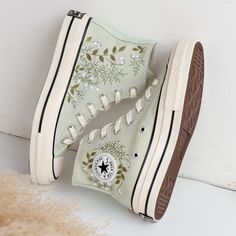 Custom Embroidered Converse High Tops, Small Flower Embroidered Converse Shoes, Floral Embroidered Sneakers Custom, Unique Gifts for Her - Etsy Cute Converse Shoes High Tops, Cute Converse High Tops, Cute Embroidered Converse, Cute High Tops, Converse Laces Ideas High Tops, Pretty Shoes For Women, Embroidered Converse High Tops Diy, Cottagecore Sneakers, Aesthetic Sneakers For Women