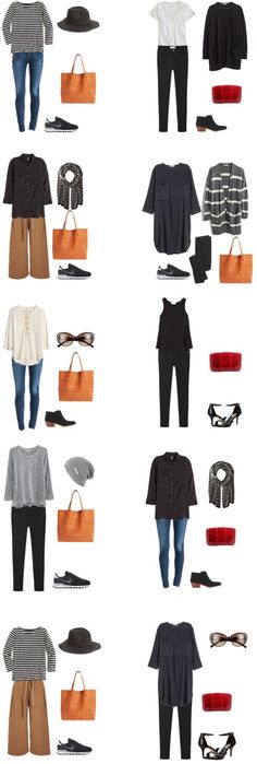 an assortment of clothes and accessories arranged on a white background with text overlaying the image