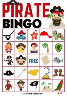 a pirate themed game with the words pirate bingo written in red and black on it