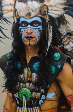 a painting of a native american man with feathers on his head and arrows in his hand