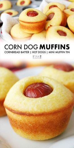 corn dog muffins on a white plate with the title corn dog muffins