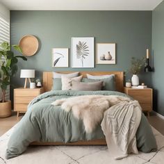 a bedroom with green walls and white rugs on the floor next to a bed